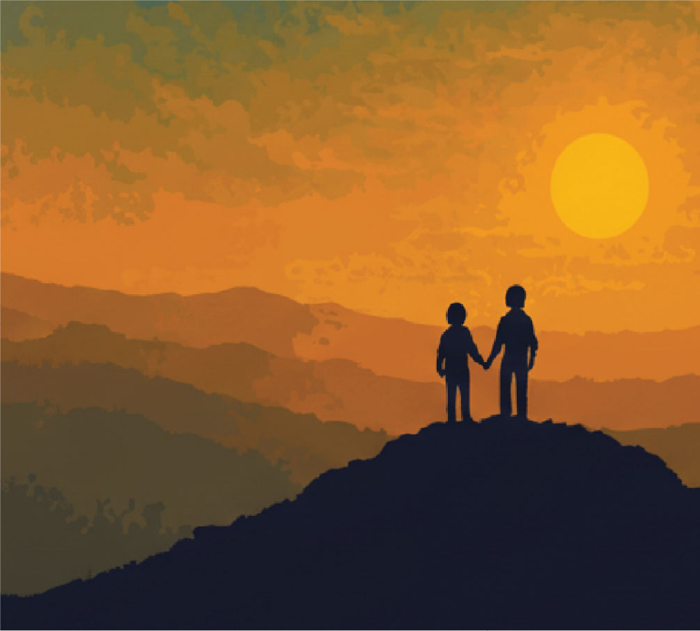 Figurer af børn i bjergene ved solnedgang. Brødrene Løvehjerte