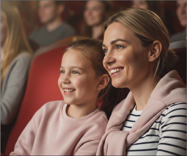 Mor og datter smiler, mens de ser teaterforestilling i Esbjerg Musikhuset